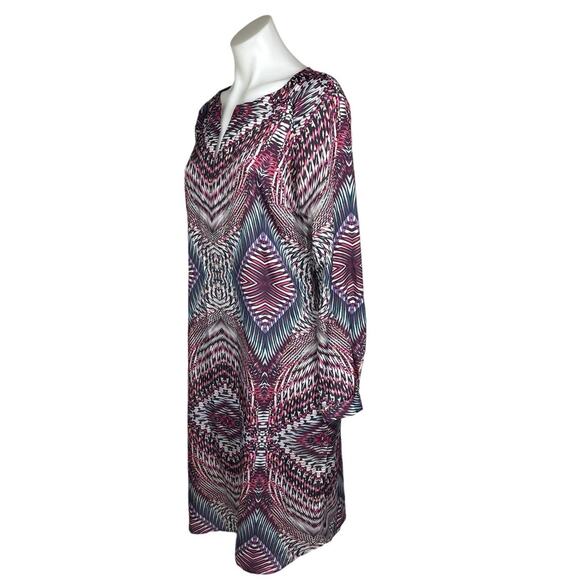 Anne Klein Multicolor Long Sleeve V Split Neck Geometric Shift Midi Dress Size 4 - Picture 3 of 6